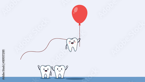 Cheerful tooth character floats high in the sky holding a red balloon while two happy teeth watch and cheer from the ground below.