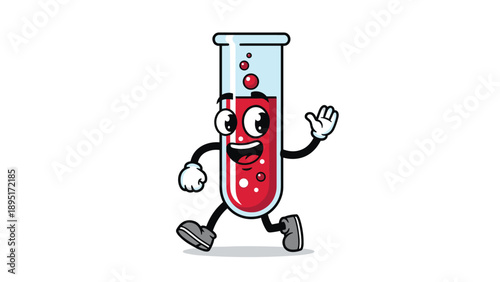 Friendly cartoon test tube character filled with red liquid waves its hand cheerfully to represent fun science and laboratory education.