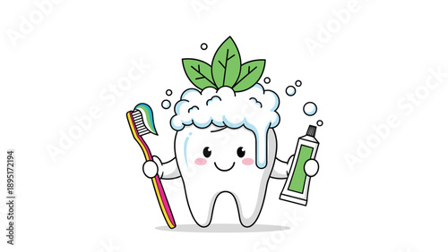 Cheerful tooth character promotes oral health while holding a toothbrush and toothpaste tube amidst fresh mint leaves and bubbles.