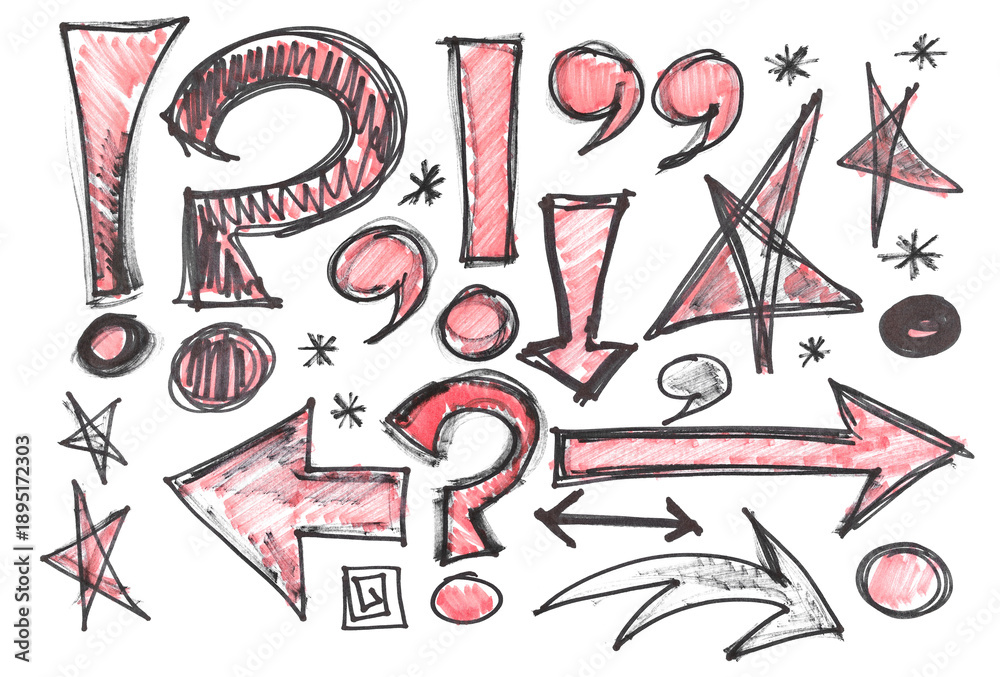 Fototapeta premium Hand drawn symbol, question and exclamation mark, stars, arrow, point, quotation, grunge red and black marker isolated on white background, pattern and texture, design element, photo