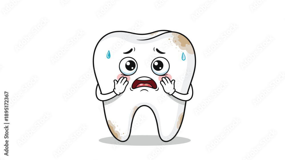 Obraz premium Worried cartoon tooth character with brown stains and sweat drops touching its cheeks in fear of dental decay and cavities.