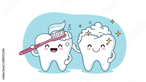 Two friendly cartoon tooth characters help each other stay clean by using a toothbrush and foamy bubbles in a bubbly blue background.