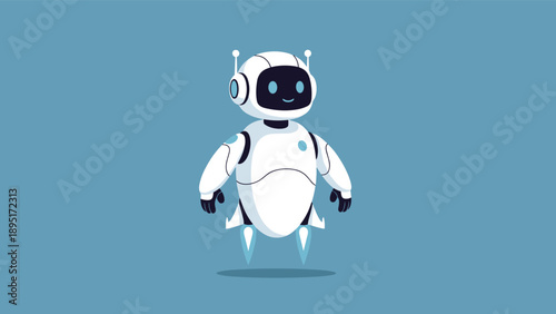 Modern white futuristic robot character floats in mid-air using blue jet propulsion thrusters against a solid blue background.