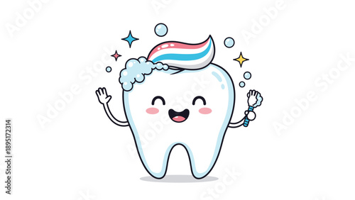 Cheerful cartoon tooth character wears a colorful swirl of toothpaste like a hat while holding a small dental cleaning brush.