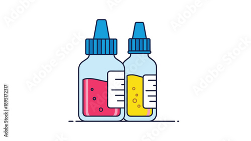 Two clear glass pharmaceutical dropper bottles filled with red and yellow liquids for medical or chemical laboratory use.