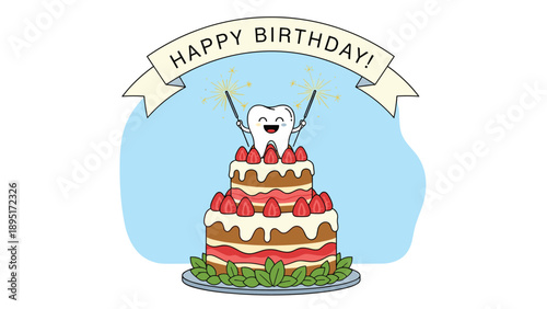 Adorable cartoon tooth character celebrating on top of a tiered chocolate cake with strawberries and happy birthday banner.