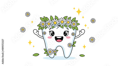 Happy cartoon tooth character wearing a crown of white daisies and green leaves surrounded by sparkling golden stars.