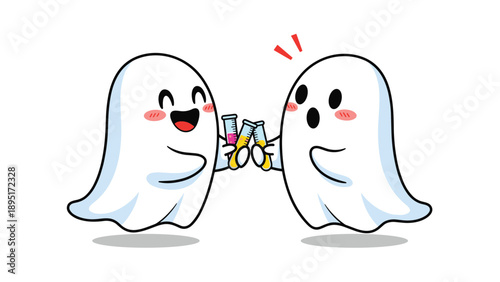 Two cute little ghost characters cheering with test tubes filled with colorful liquids in a science laboratory setting.