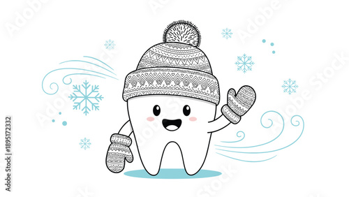 Cute cartoon tooth wearing a warm knitted winter hat and mittens while standing in a snowy wind with snowflakes.