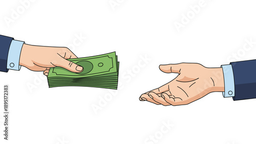 Businessmen in professional blue suits exchanging a large stack of green paper money bills from one hand to another.