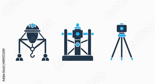Construction and survey equipment icons: crane, laser scanner, tripod with total station. Engineering, building, and measurement concept.