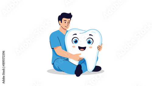 Friendly young male dentist in blue medical scrubs sitting on the floor and hugging a large happy cartoon tooth mascot.