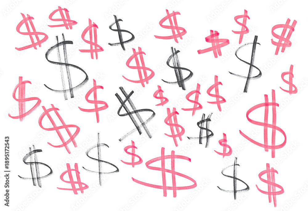 Fototapeta premium Hand drawn symbol dollar, grunge red and black marker isolated on white background, pattern and texture, design element, photo