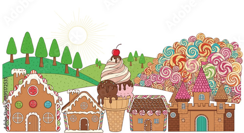 Whimsical candy landscape with gingerbread houses and sweet treats