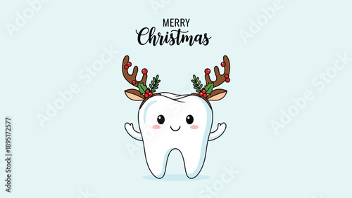 Adorable white tooth character wearing reindeer antlers and festive berries celebrates merry christmas in a cute dental themed art.