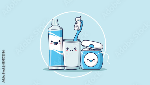 Friendly dental care set includes toothpaste, a toothbrush, and dental floss characters with happy faces for oral hygiene education.
