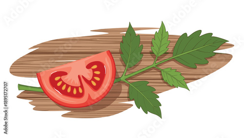 Fresh slice of a red tomato is placed next to a green leafy stem on a rustic wooden board, illustrated in a clean and detailed style.