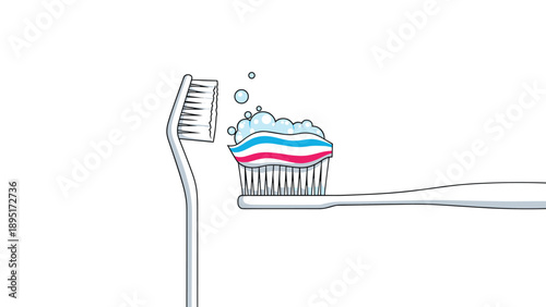 Pair of toothbrushes with colorful blue and pink striped toothpaste are surrounded by soap bubbles in a clean dental care theme.