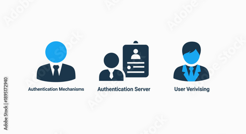 Digital security icons for authentication mechanisms, server processes, and user verification systems.