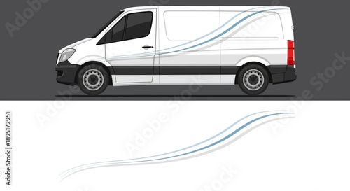 White delivery van with blue swoosh graphics in motion across a road.