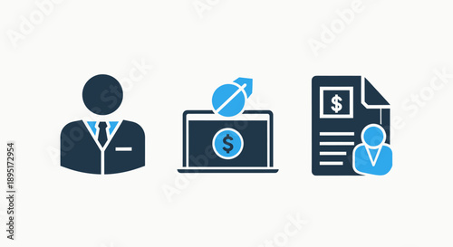 Financial business icons representing a professional, secure online transactions, and client financial documents.