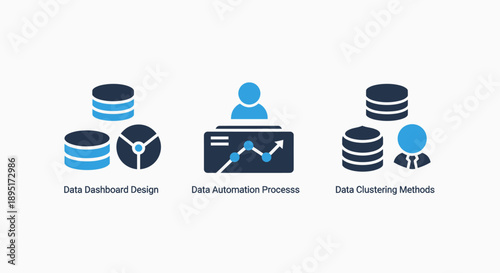 Advanced data management icons for dashboard design, automation processes, and clustering methods.