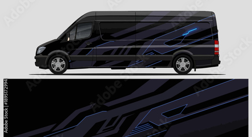 Side view of a sleek black van with a dark graphic wrap and modern stripes.