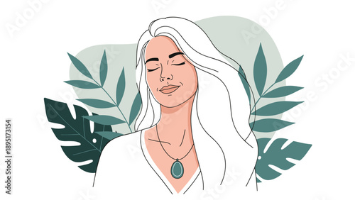 Stylized vector illustration of a calm woman with long white hair and eyes closed against a background of lush green tropical jungle leaves.