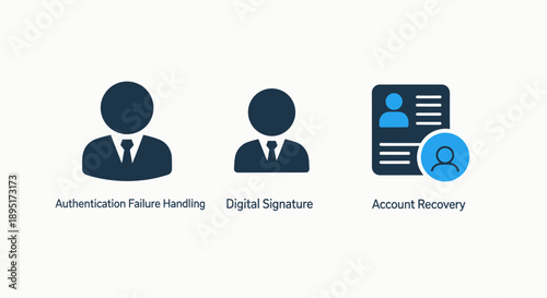 Comprehensive Digital Security Icons: Authentication Failure, Signature, and Account Recovery Processes