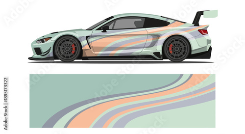 Sleek racecar with vibrant wrap beside abstract swooping lane artwork in studio shot.