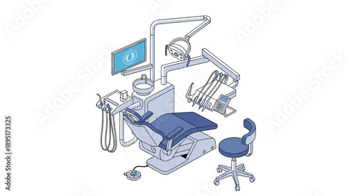 Detailed isometric illustration of a modern dental chair assembly with integrated examination lights, digital monitors, and medical tools.