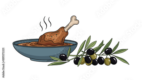 Delicious cooked meat joint served in a ceramic bowl of brown sauce accompanied by a fresh olive branch with several black and green olives.