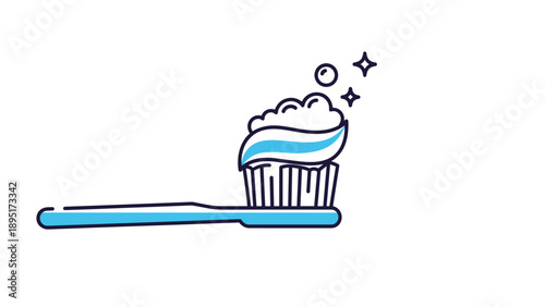 Simple line art illustration of a blue toothbrush topped with a swirl of fresh striped toothpaste and decorative cleaning sparkles.