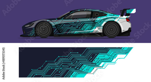 Futuristic racing car with digital circuit design and blue teal accents.