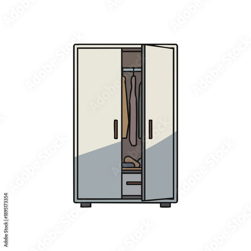 Illustration of an open storage cabinet with clothes and shelves
