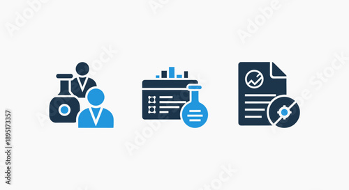 Scientific Research and Data Analysis: Laboratory Experiments, Test Tubes, and Reporting Icons