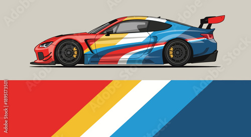 Colorful race car with bold multi colored stripes and aerodynamic design against a geometric background.