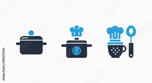 Cooking and Culinary Icons: Kitchenware, Chef's Hat, and Food Preparation Symbols in Blue Flat Design