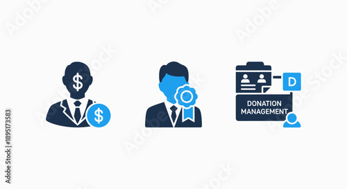 Finance and Philanthropy Icons: Donor, Award Recognition, and Donation Management System in Blue Flat Design