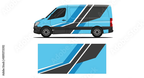 Blue and Black Graphic Van Illustration with Dynamic Stripes.