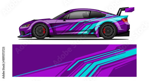 Vibrant purple neon sports car illustration with teal accents and dynamic stripes.