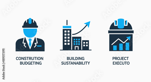 Construction Budgeting, Building Sustainability, and Project Execution Icons for Engineering and Development
