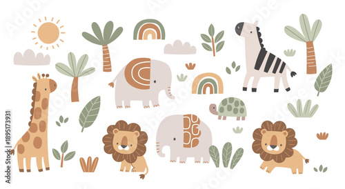 Cute Safari Animal Characters with rainbows, palm trees and plants, Collection for Nursery and Kids Design, Minimal Scandinavian Style Vector Illustration