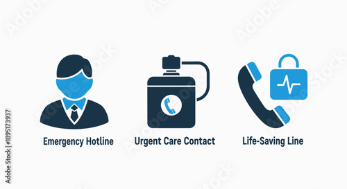 Emergency Hotline, Urgent Care Contact, and Life-Saving Line Icons for Medical Assistance and Support