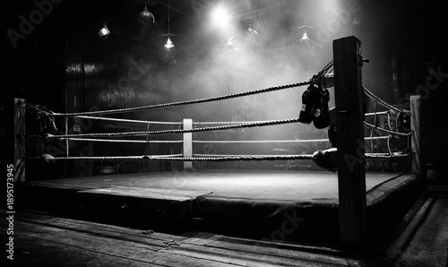 Black and white image of a boxing ring, spotlighted with gloves hanging, full of misty air