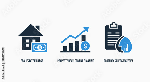 Real Estate Finance, Property Development Planning, and Sales Strategies Icons for Market Investment