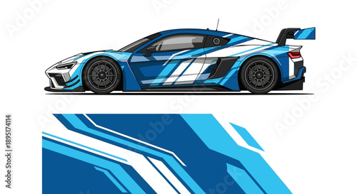 Dynamic blue race car illustration with sleek lines and graphic accents.