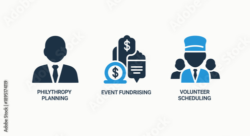 Philanthropy Planning, Event Fundraising, and Volunteer Scheduling Icons for Nonprofit Organizations