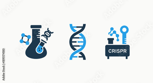 Genetic Engineering, DNA Research, and CRISPR Technology Icons for Molecular Biology Science