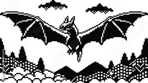 Pixel Art 1-Bit Pterodactyl Pteranodon Mountain Landscape Background